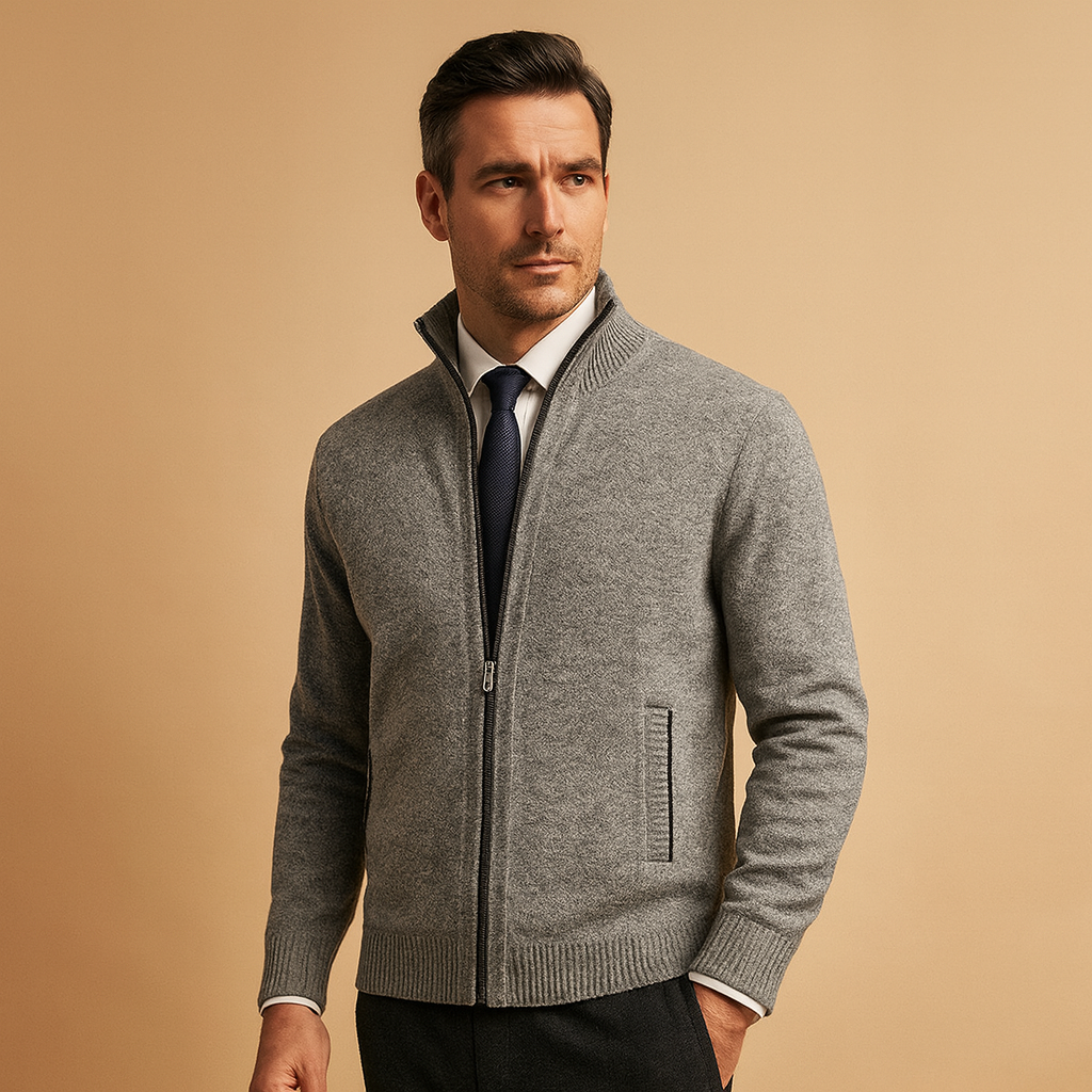 Men's zip cardigan in light grey, stand collar zip through knitted
