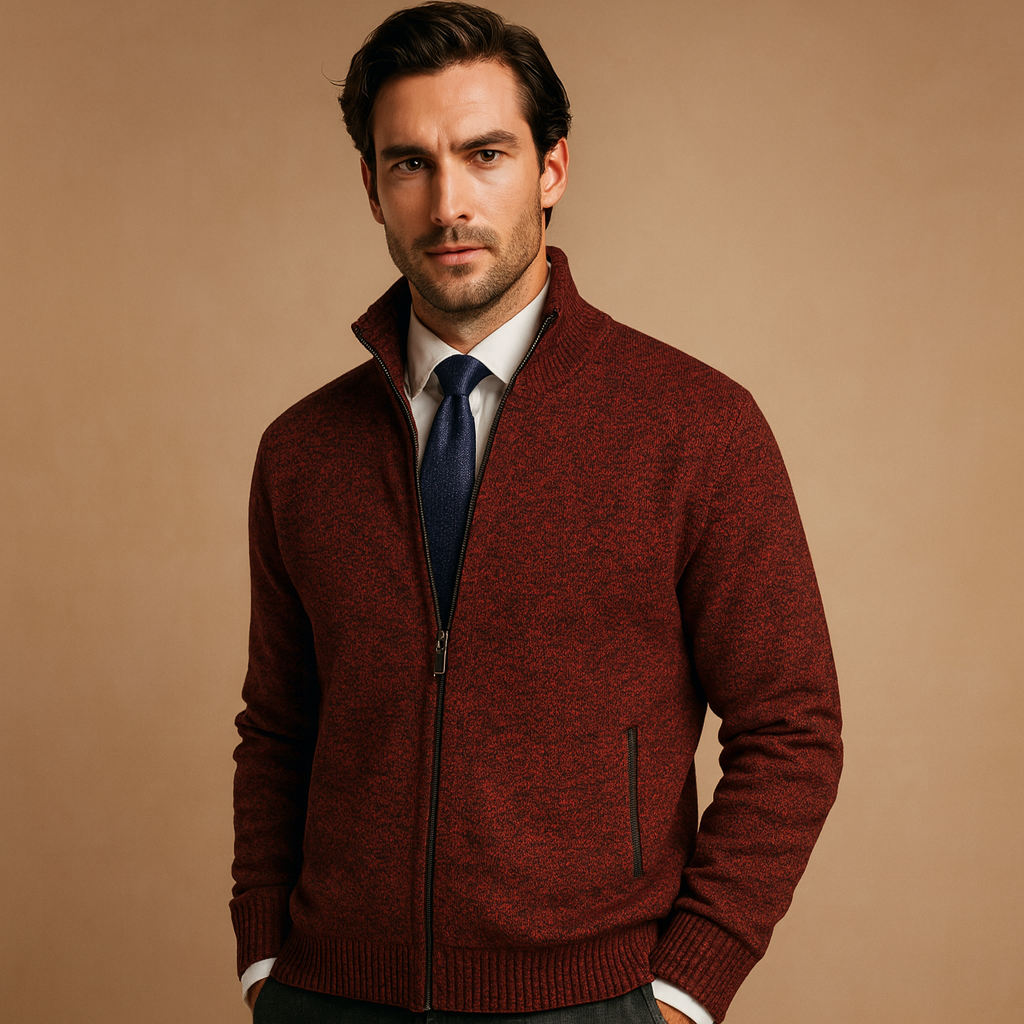 Men's zip cardigan in red, stand collar zip through knitted
