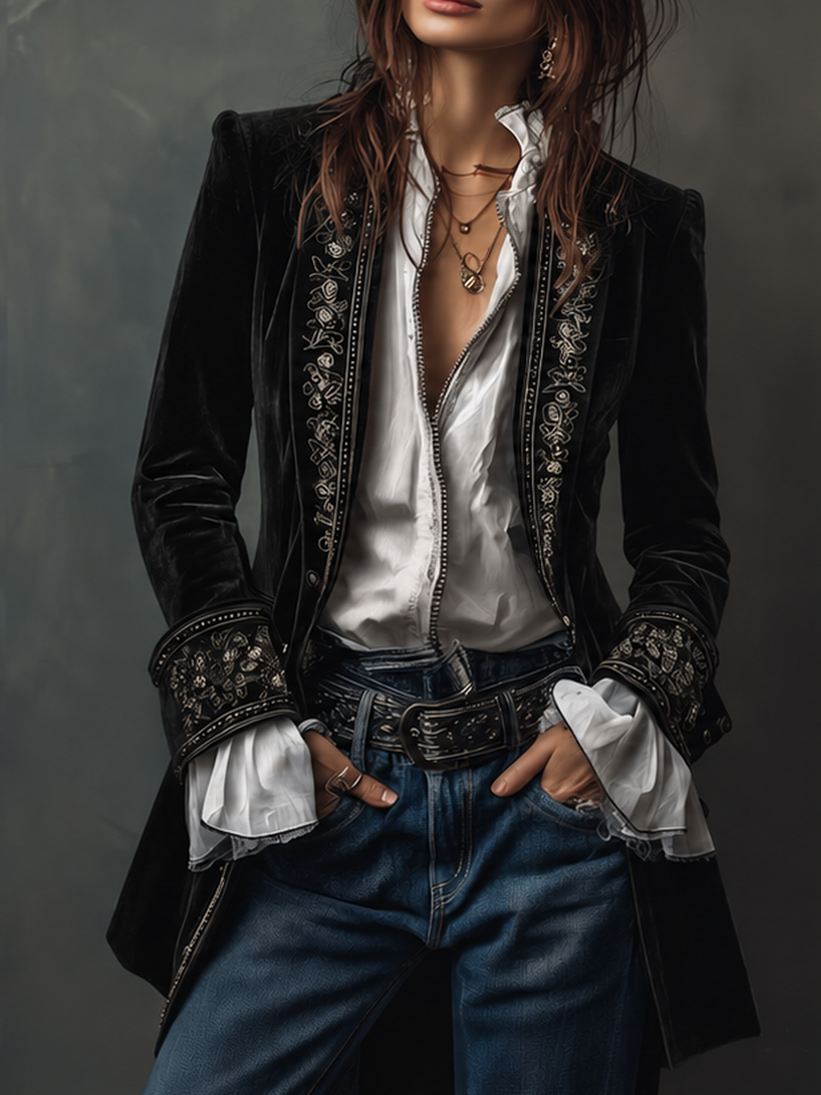 Women's Velvet Jacket | Longline with Embroidered Trim and Cuffs
