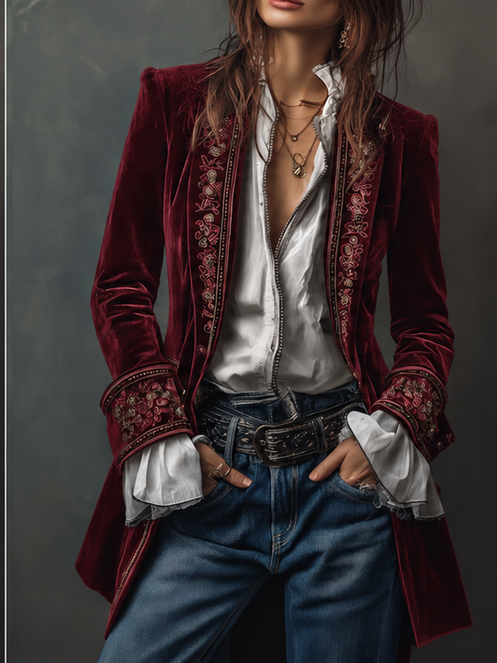 Women's Velvet Jacket | Longline with Embroidered Trim and Cuffs