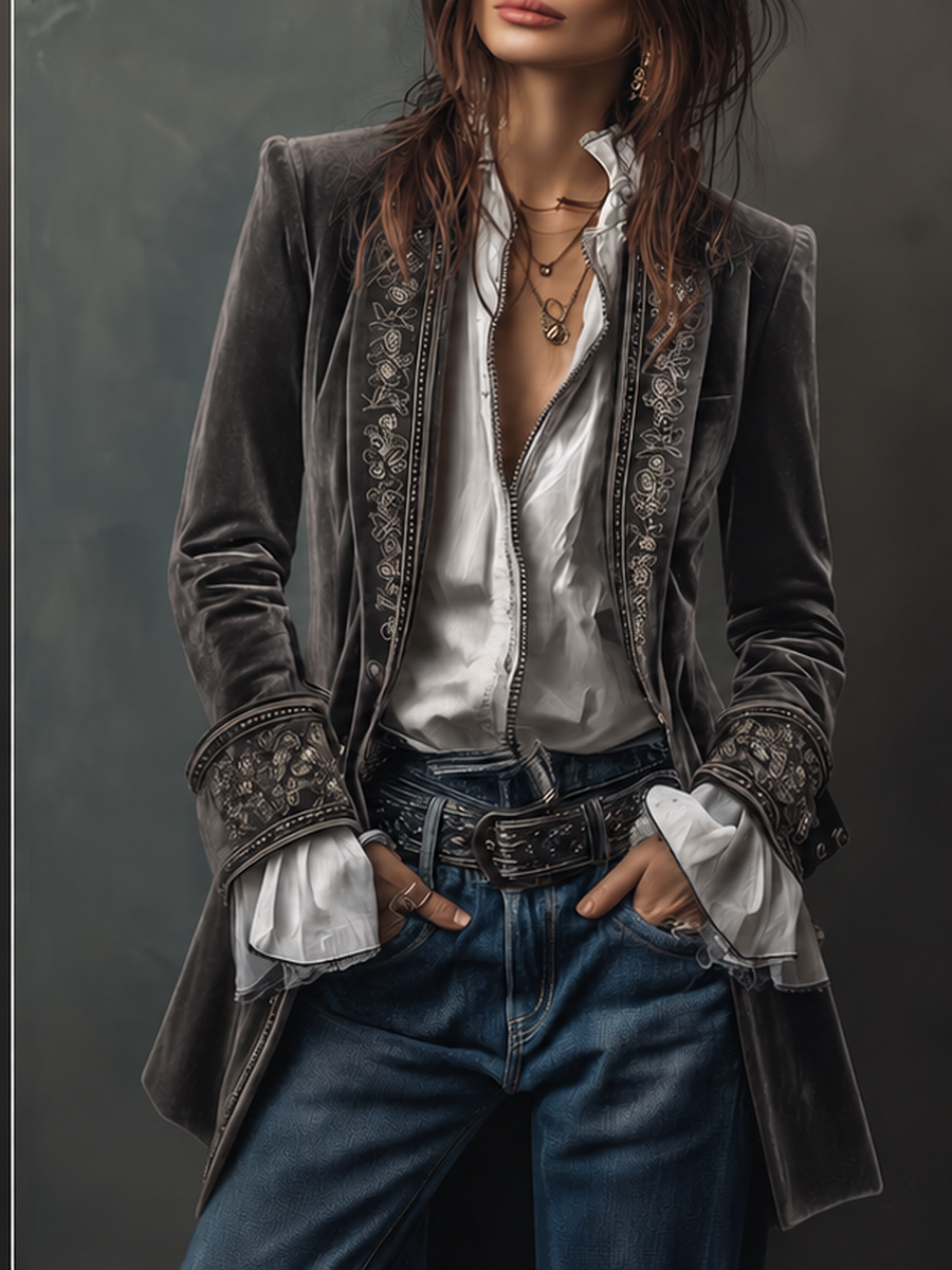 Women's Velvet Jacket | Longline with Embroidered Trim and Cuffs