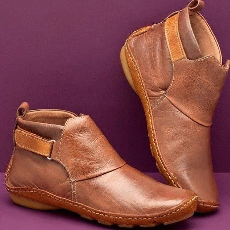 Women's ankle boots in brown, flat strap pull on