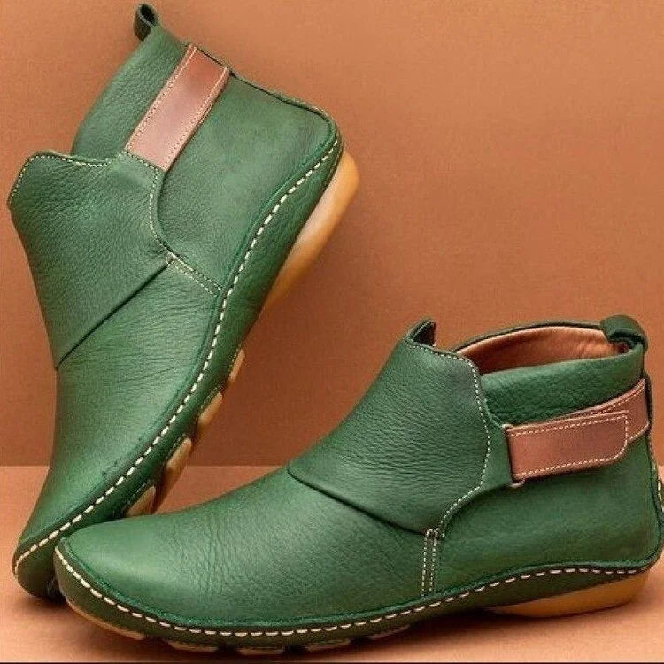 Women's ankle boots in green, flat strap pull on