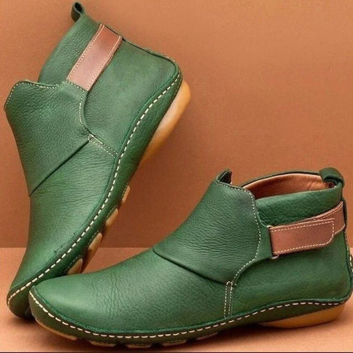 Women's ankle boots in green, flat strap pull on