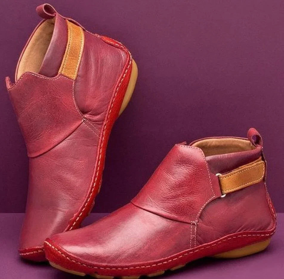 Women's ankle boots in red, flat strap pull on