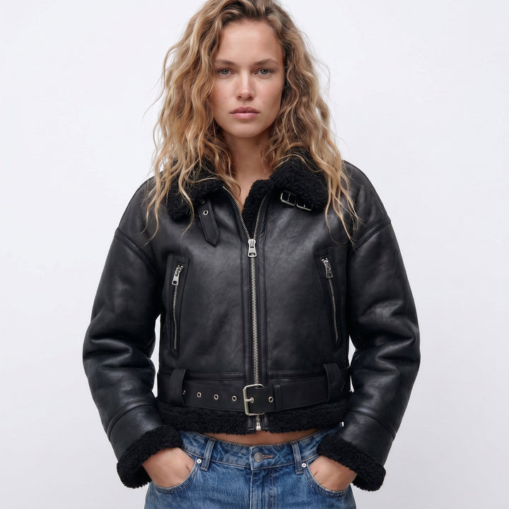 Aviator Bomber Jacket in black, on model