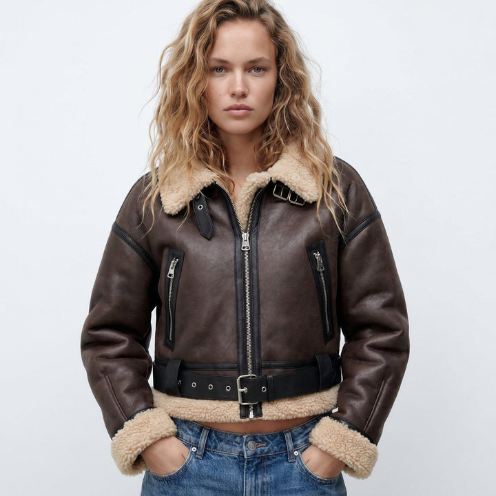 Women's aviator bomber jacket in brown, cropped with teddy collar