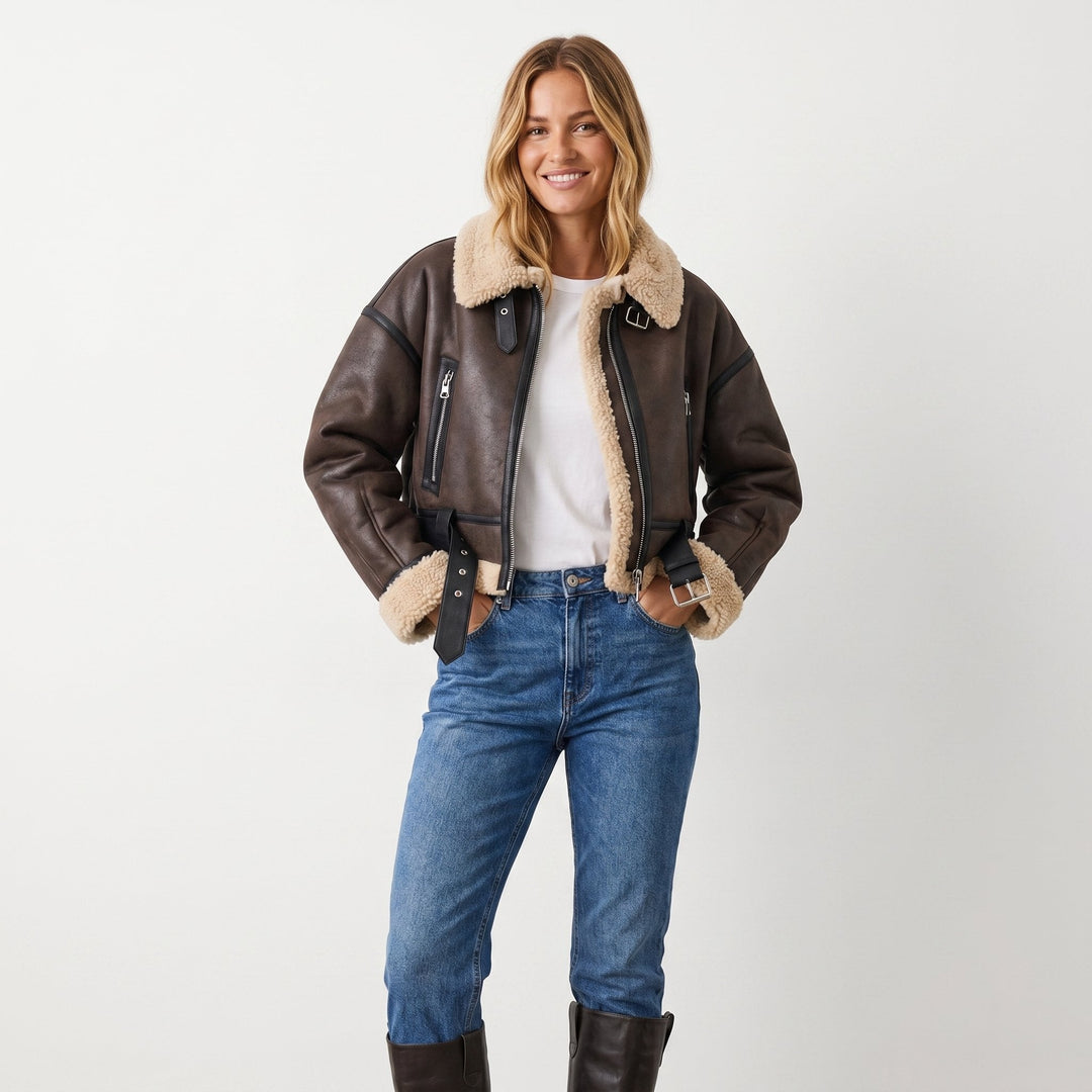 Aviator Bomber Jacket in brown, styled outdoors