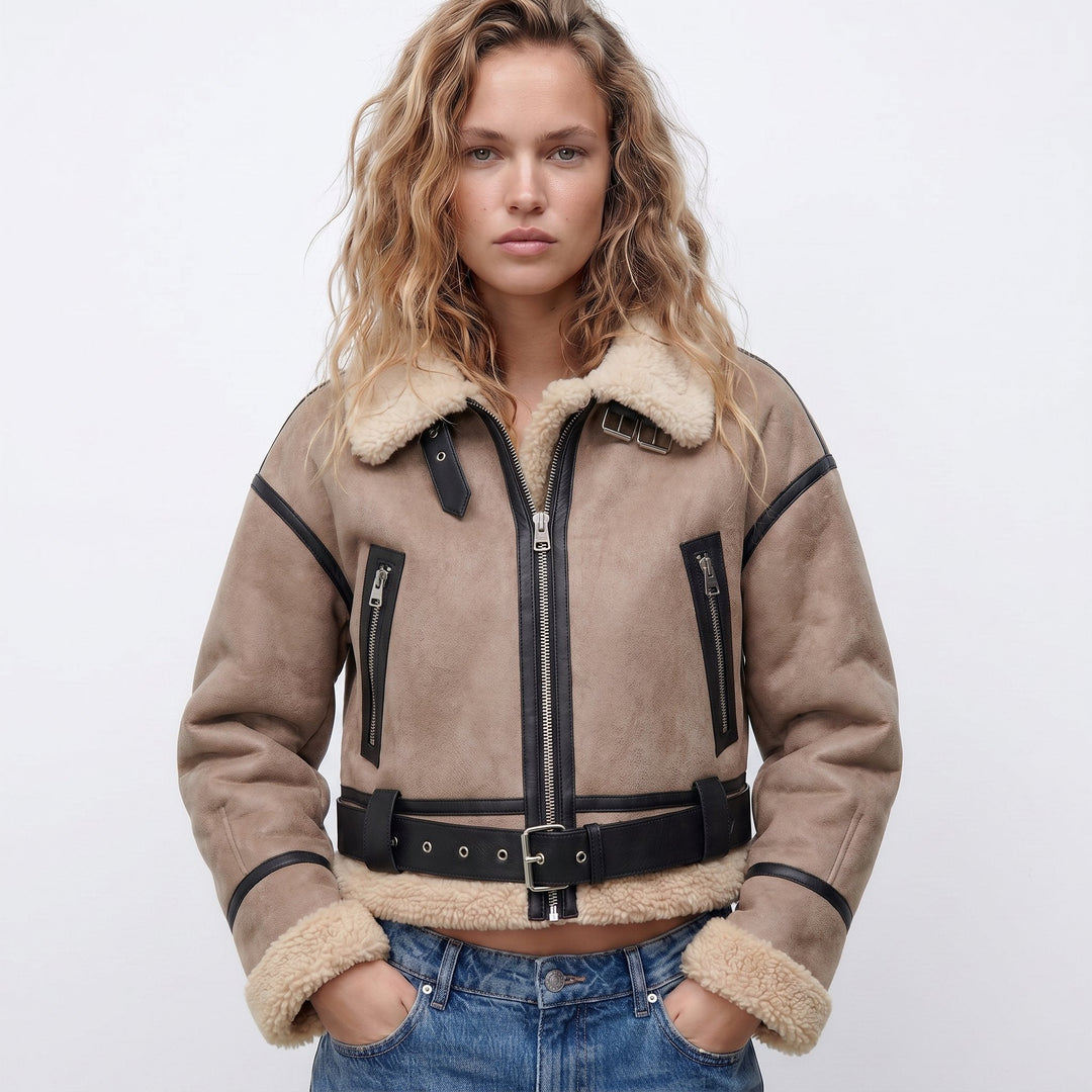 Aviator Bomber Jacket in taupe, on model, view 2