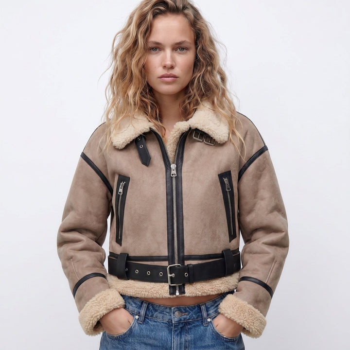 Aviator Bomber Jacket in taupe, on model
