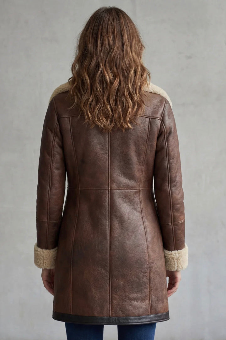 Back view of the brown aviator coat with teddy-style cuffs