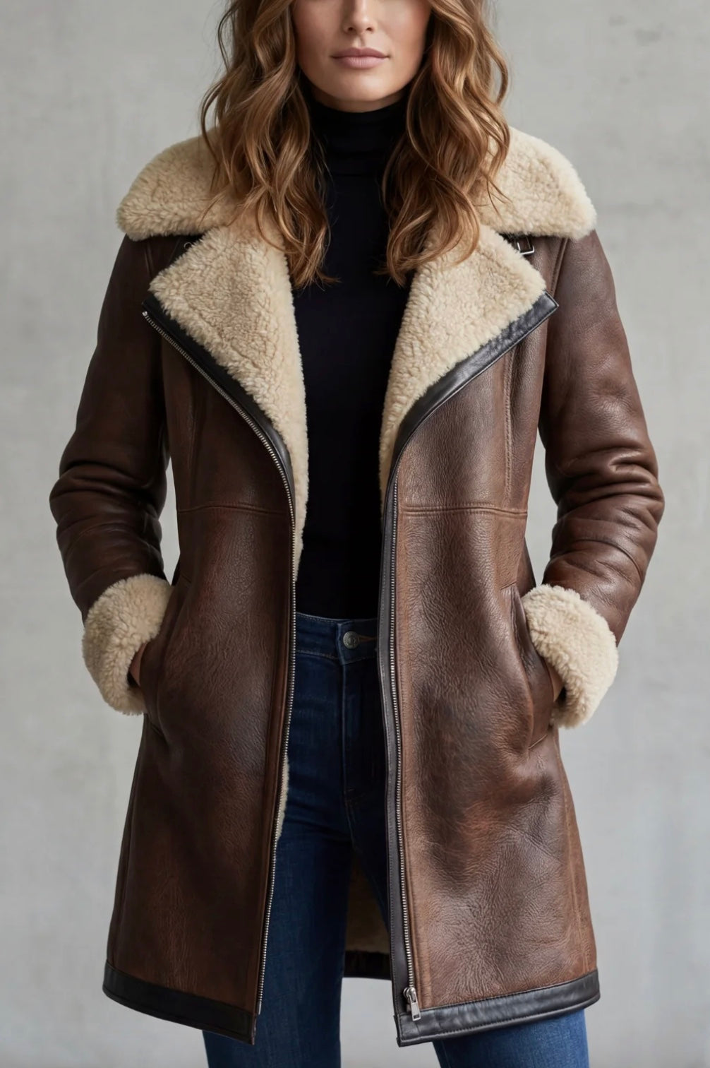 Brown aviator coat worn open showing the asymmetric zip