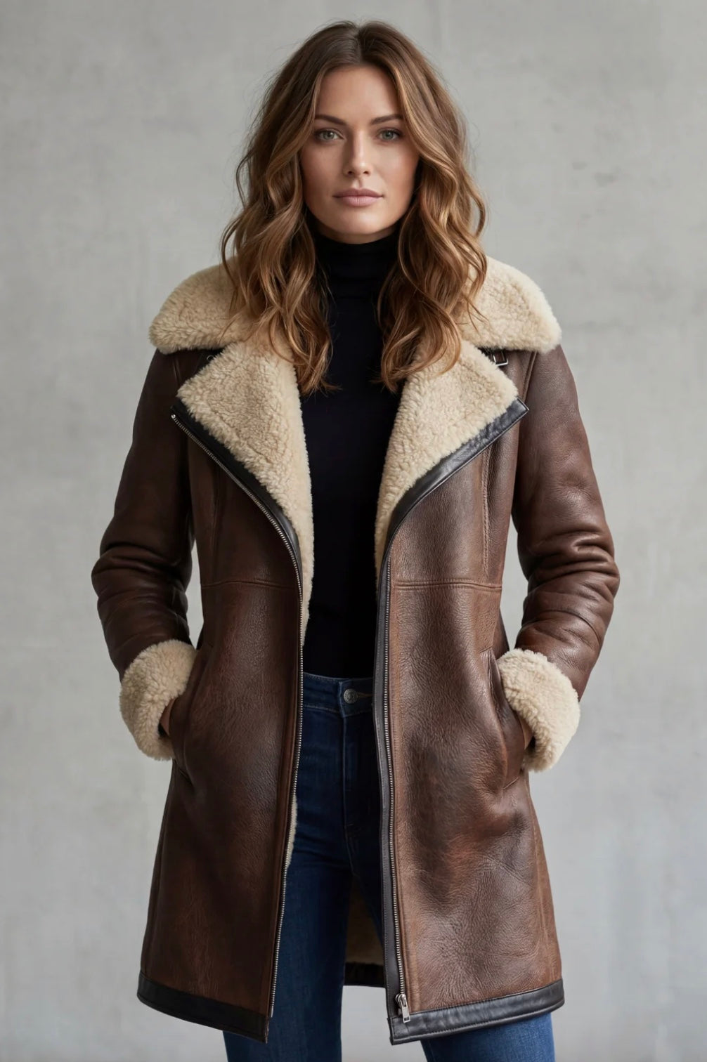 Women's aviator jacket in brown, shearling-look collar long zip coat