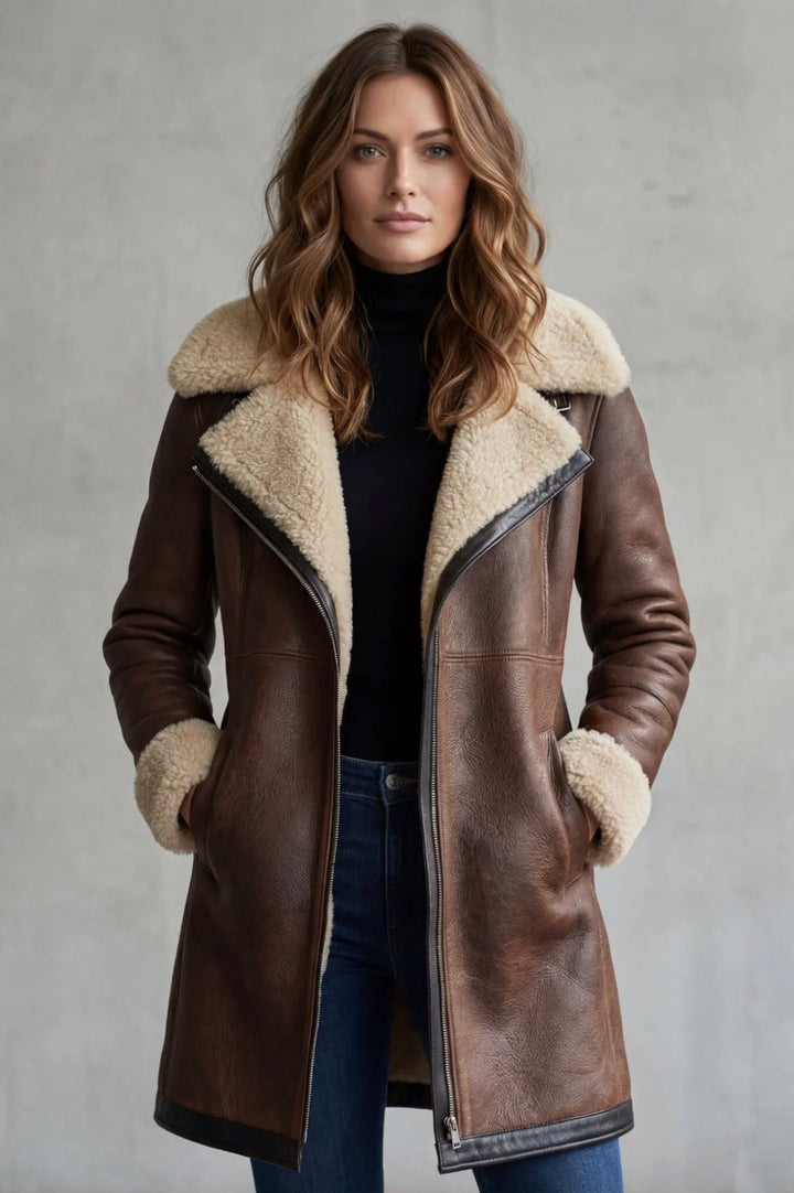 Women's aviator jacket in brown, shearling-look collar long zip coat