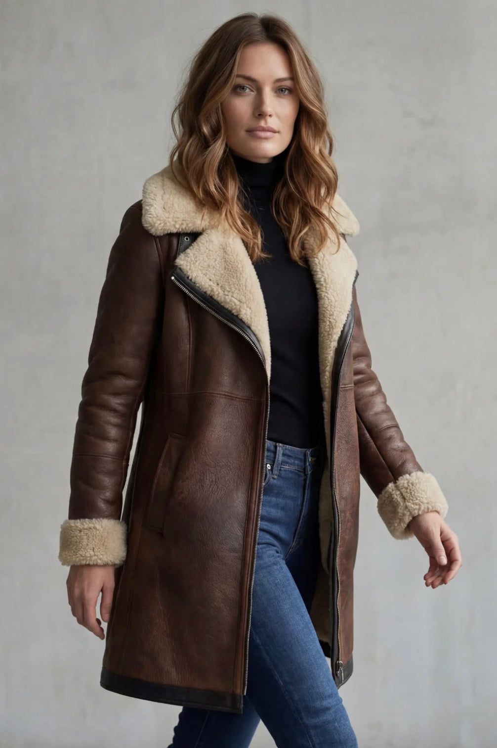 Woman walking in the brown aviator coat with the collar open