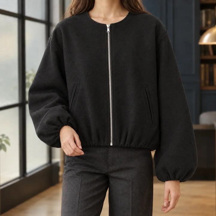 Women's cropped jacket in black, zip front collarless fleece