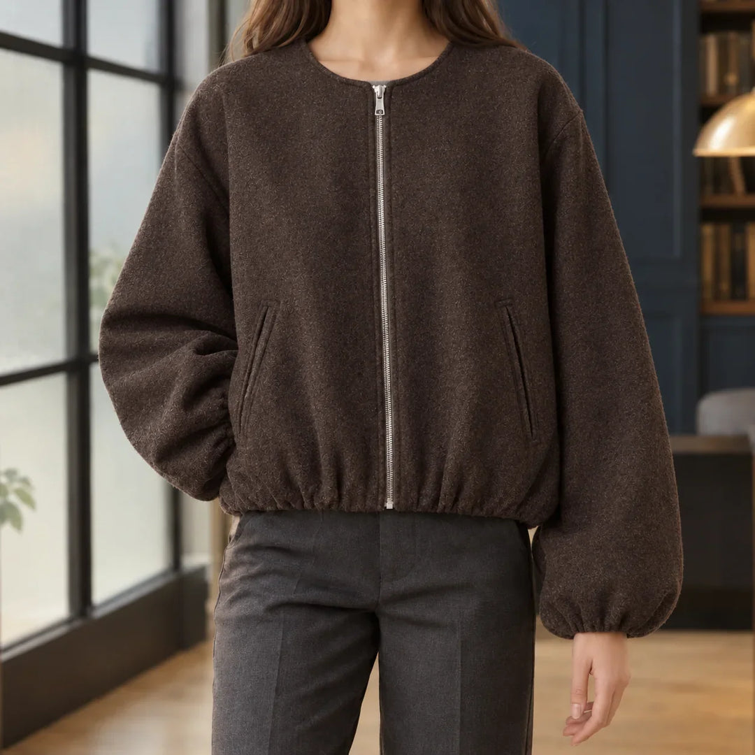 Women's cropped jacket in brown, zip front collarless fleece