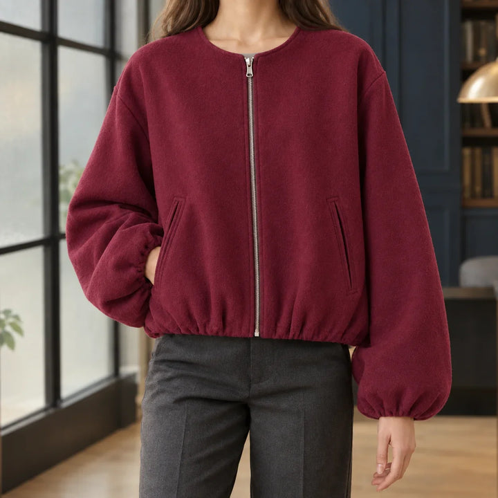 Women's cropped jacket in burgundy, zip front collarless fleece
