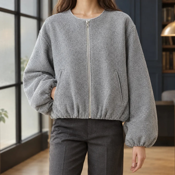 Women's cropped jacket in grey, zip front collarless fleece