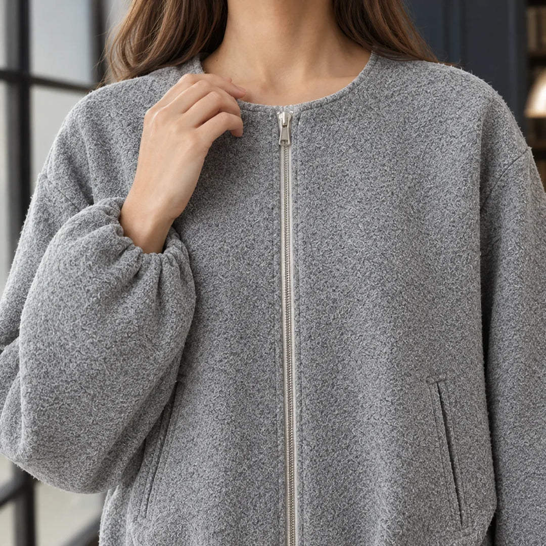 Women's cropped jacket, zip front collarless fleece, view 1