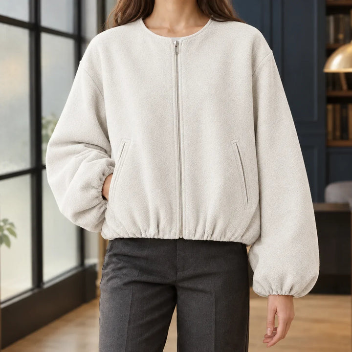 Women's cropped jacket in white, zip front collarless fleece