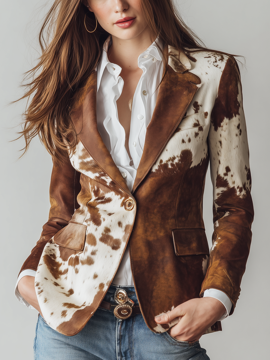 Women's blazer jacket in brown and cream cow print with suede-look finish and single button