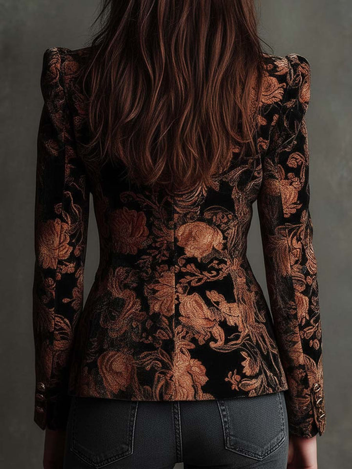Back of the black brocade blazer with shaped seams