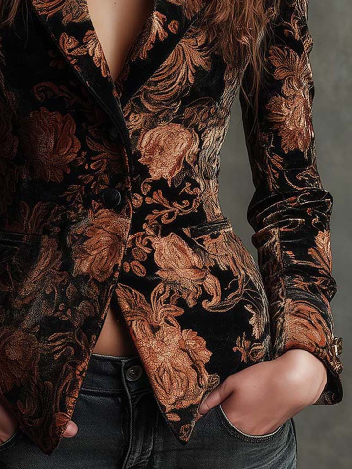 Raised copper roses on the black brocade up close