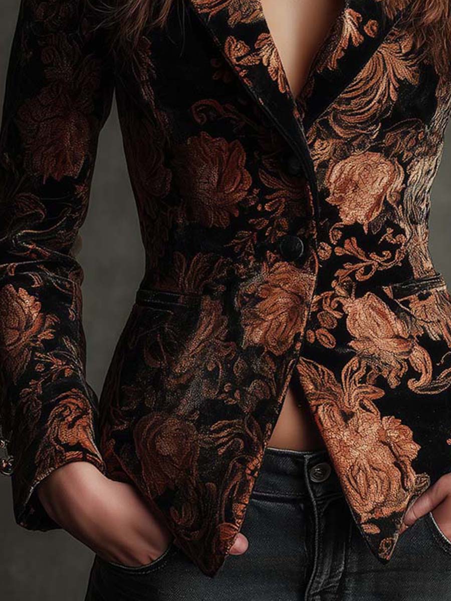 Two-button front and welt pocket of the floral blazer