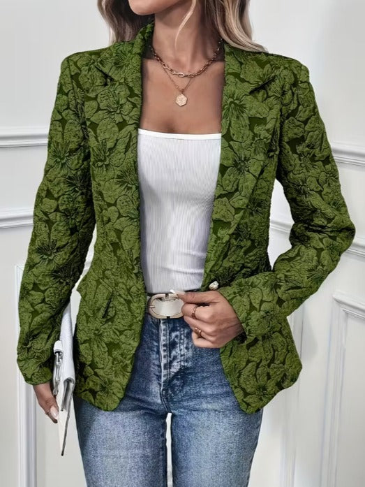 Green floral jacquard blazer with nipped waist
