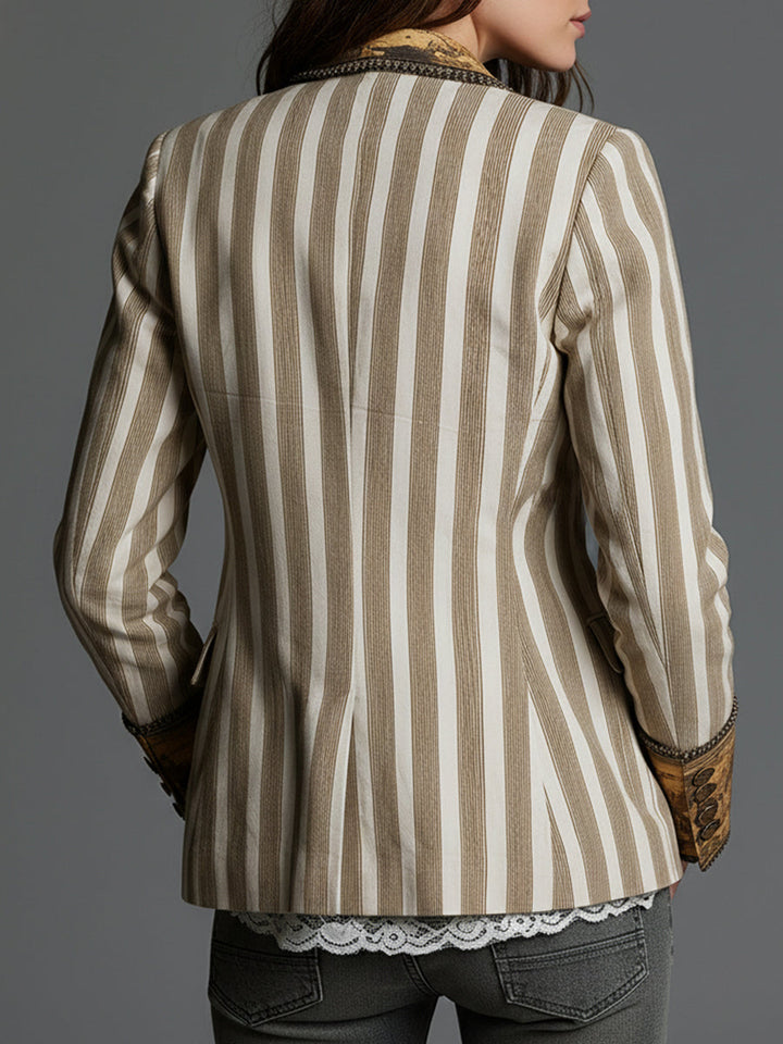 Back of the khaki striped blazer with printed cuffs