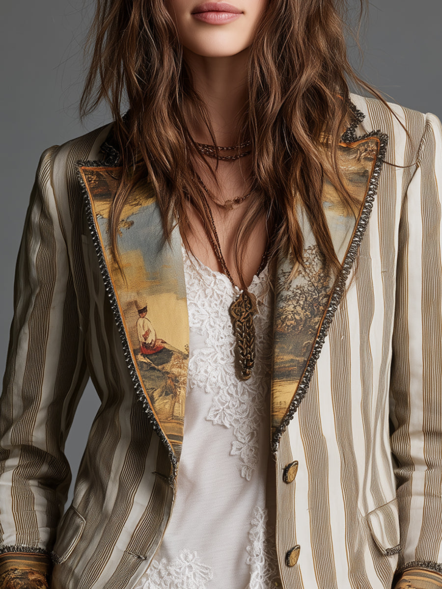 Printed lapels with beaded edging over a lace top