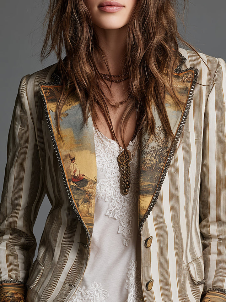 Printed lapels with beaded edging over a lace top