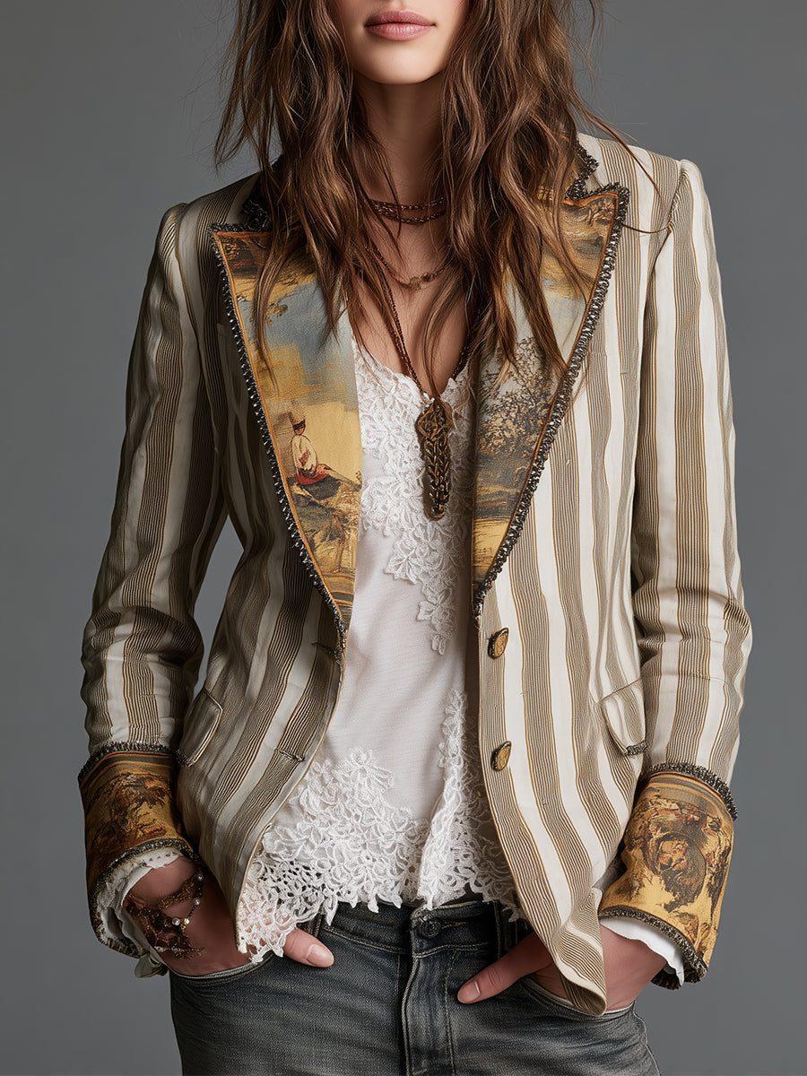 Women's blazer jacket in khaki stripes with printed scenic lapels and cuffs