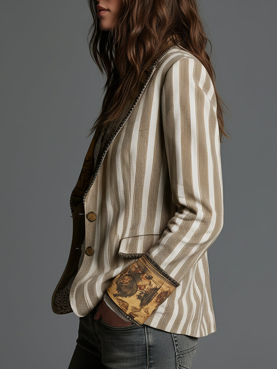 Side view of the striped blazer with printed cuff and pocket
