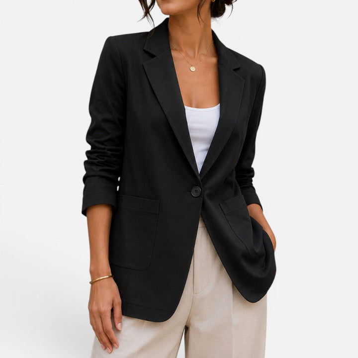 Women's blazer in shiny black, relaxed single button notch lapel
