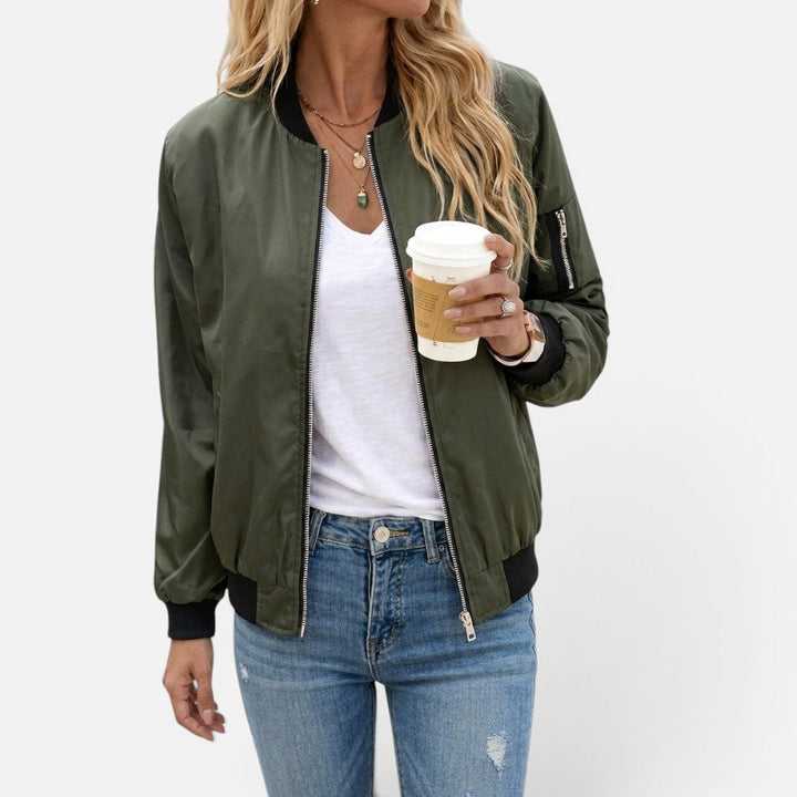 Women's bomber jacket in green, lightweight zip up ribbed