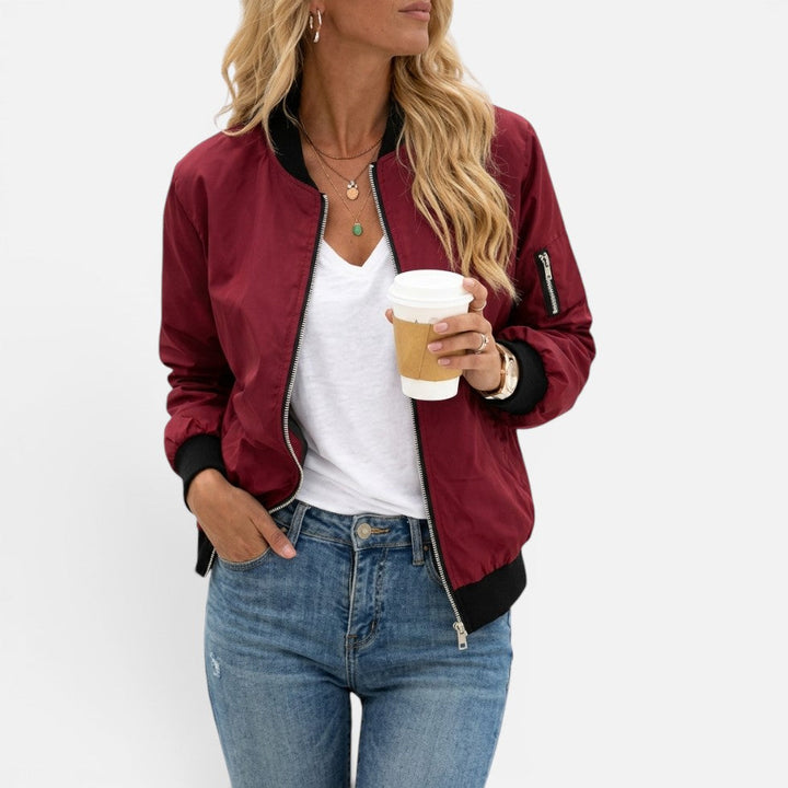 Women's bomber jacket in red orange, lightweight zip up ribbed