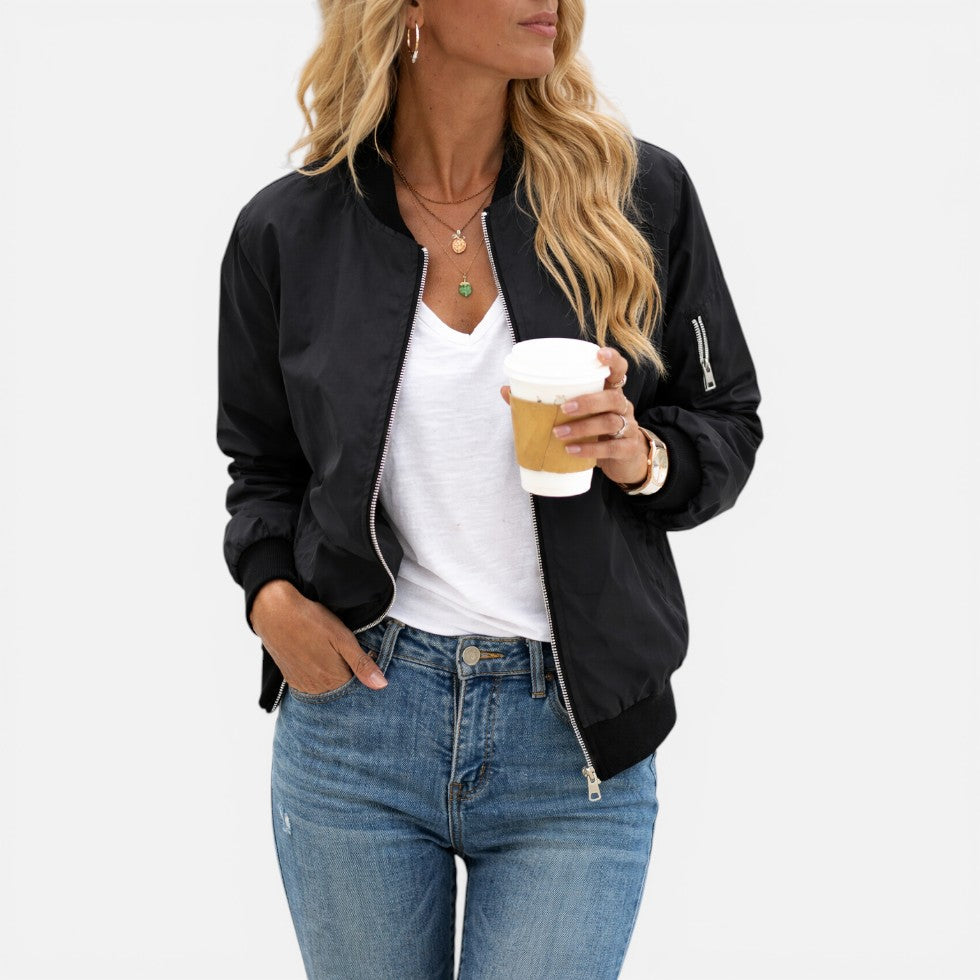 Women's bomber jacket in shiny black, lightweight zip up ribbed
