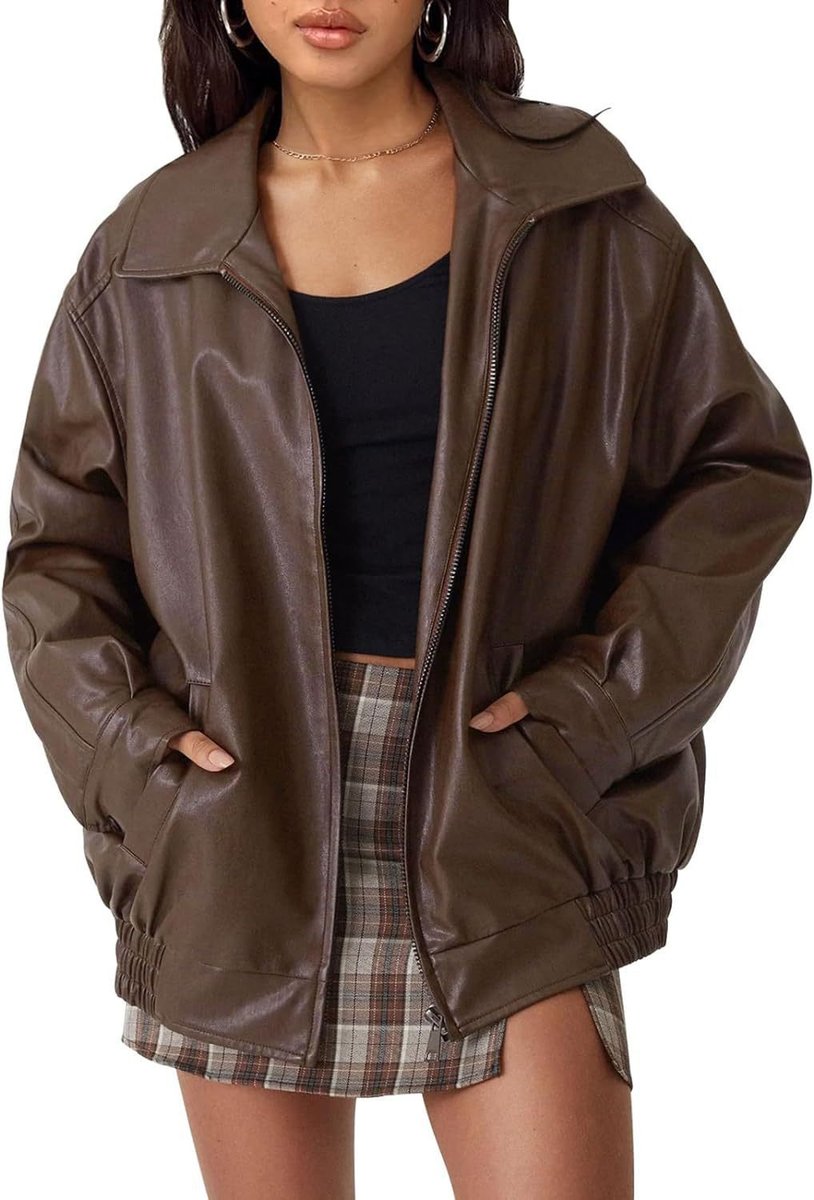 Women's bomber jacket in dark brown, oversized leather-look zip up