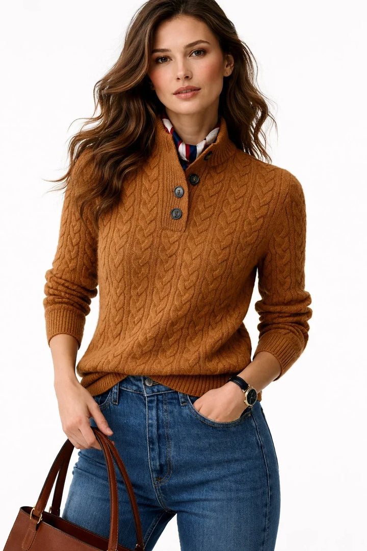 Women's cable knit jumper in brown, half button stand collar