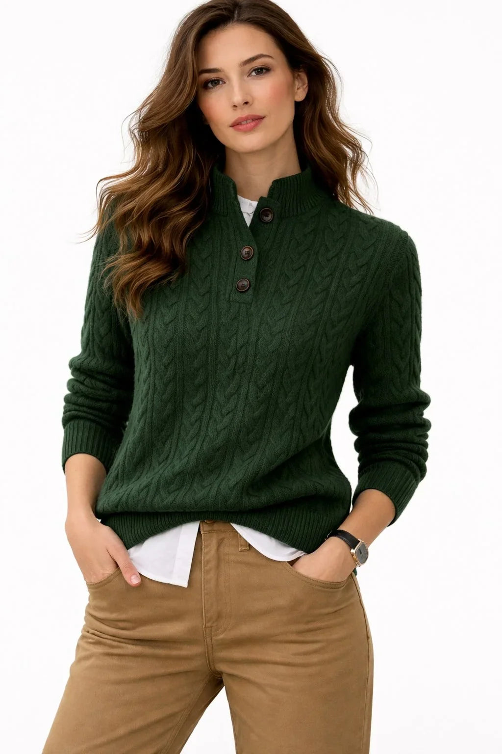 Women's cable knit jumper in green, half button stand collar