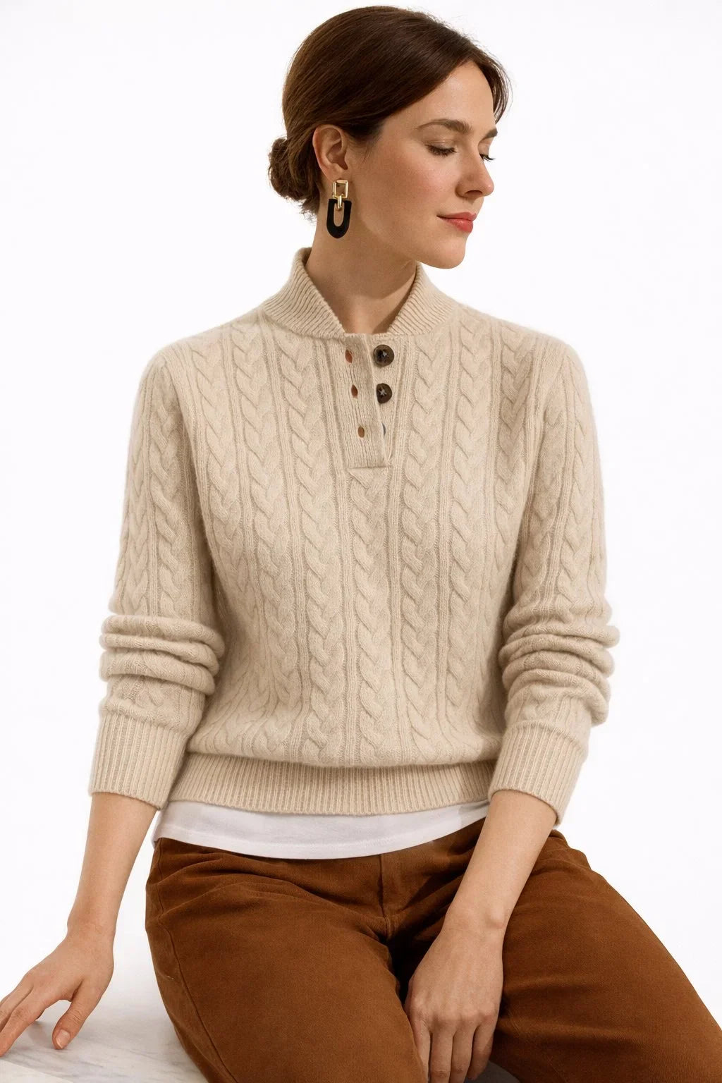 Women's cable knit jumper in khaki, half button stand collar