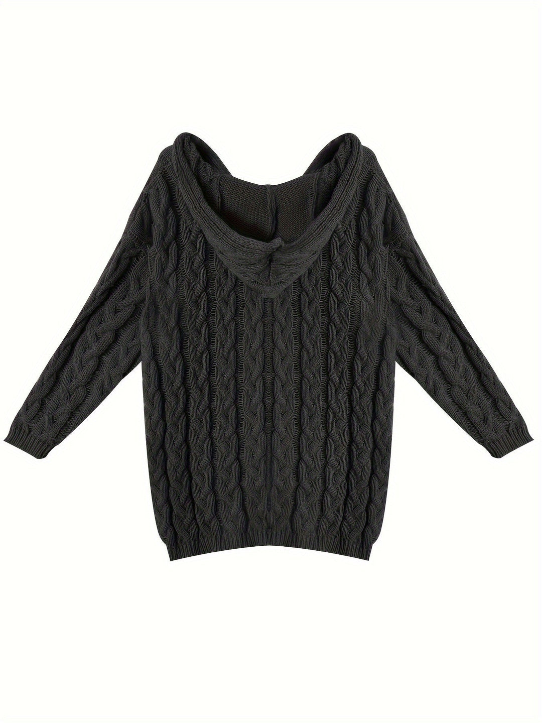 Black oversized cable knit jumper laid flat with the hood up