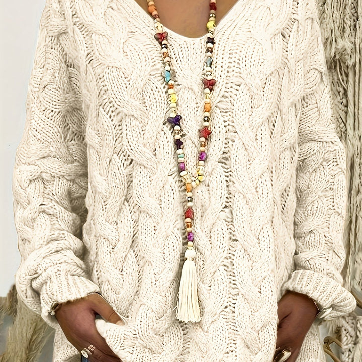 Women's cable knit jumper in cream, oversized hooded V neck relaxed fit