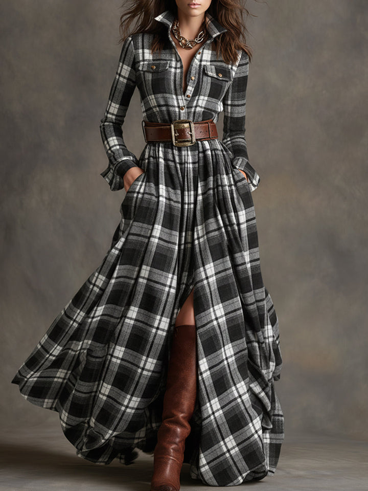 Women's shirt dress in black, maxi long sleeve tartan