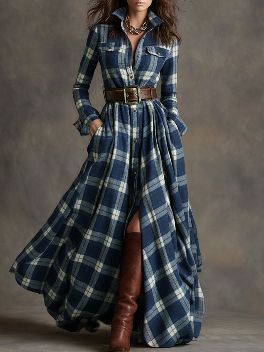 Women's shirt dress in blue, maxi long sleeve tartan