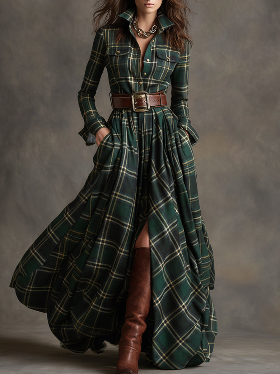 Women's shirt dress in green, maxi long sleeve tartan