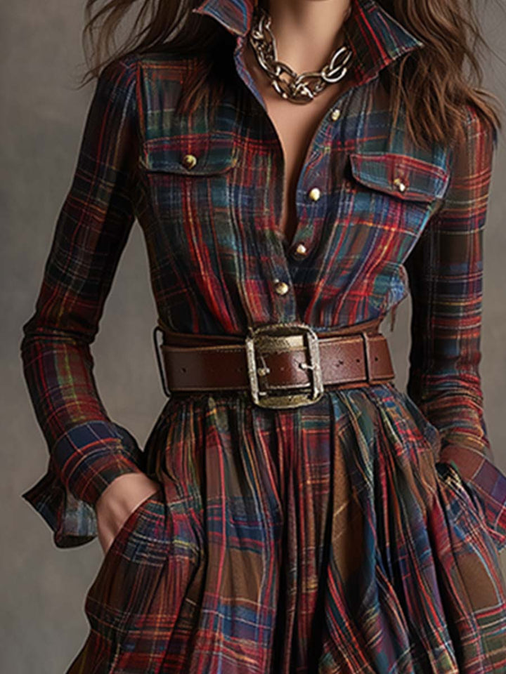 Women's shirt dress, maxi long sleeve tartan, view 2