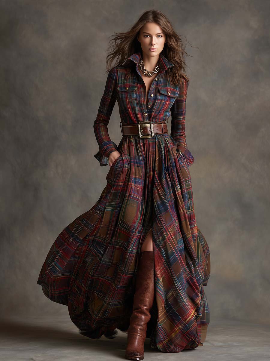 Women's shirt dress, maxi long sleeve tartan, view 4